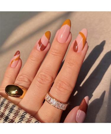 JUSTOTRY 24 Pcs Almond False Nails Short Brown French Press on Nails Pattern Caramel Fake Nails Short with Nail Glue Nude Oval Stick on Nails for Women Nails Fake Nail for Nails Art Brown A1
