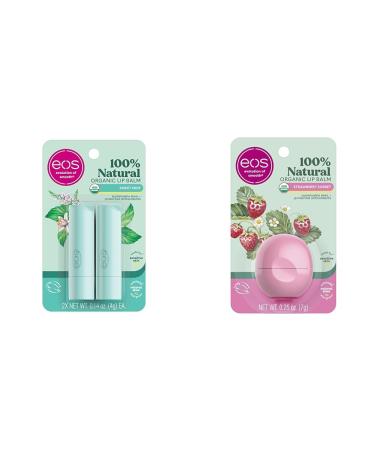 eos 100% Natural & Organic Lip Balm Sticks- Sweet Mint & 100% Natural & Organic Lip Balm- Strawberry Sorbet All-Day Moisture Dermatologist Recommended for Sensitive Skin Lip Care Products 0.25 oz