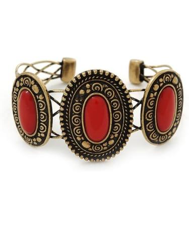 Avalaya Vintage Burn Gold Hammered Cuff Bangle with Red Stones | Adjustable Bracelet - Buy Online on GoSupps.com