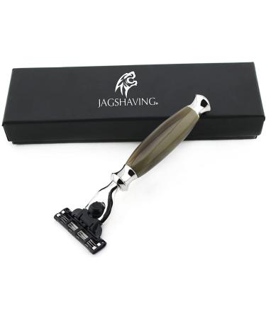 Jag Shaving manual triple edge beard trimmer with green and brown resin handle