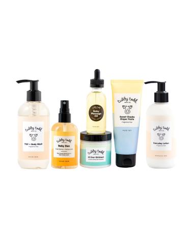 TUBBY TODD Baby Arrival Bath & Skincare Set - The Newborn Gift Set - Baby Shampoo and Body Wash Lotion All Over Ointment Diaper Paste Baby Massage Oil Baby Deo - Standard Size Fragrance-Free Fragrance-Free Newborn Gift Set