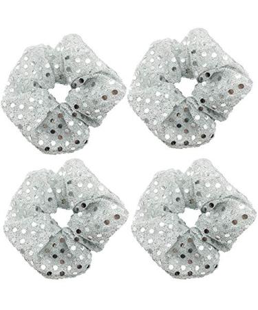 4 Pcs Sequins Christmas Hair Scrunchies Hair Bobbles Metallic Elastics Ponytail Holders Hair Wrist Ties Bands Cloth Scrunchies for Show Gym Dance Party Club Girl (Silver)
