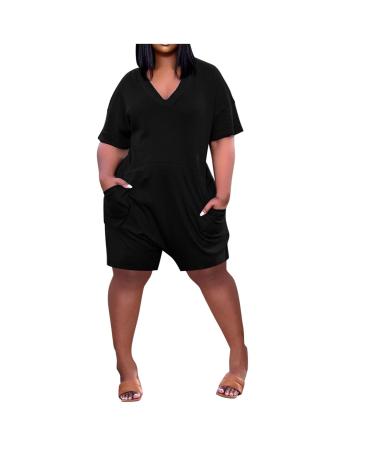 MALAIDOG Casual Printed Plus Size Baggy Soft Jumpsuits for Women Summer V Neck Short Sleeve Wide Leg Pant with Pockets Romper Black X-Large