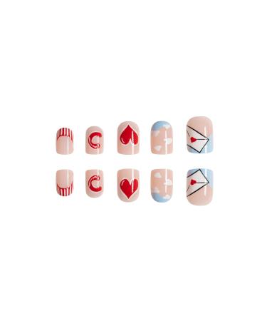 Valentine s Day Press On Nails | Short Square Fake Nails with Red Heart Design - 24Pcs Acrylic Glossy Stick On Nails for Women - Buy Online on GoSupps.com