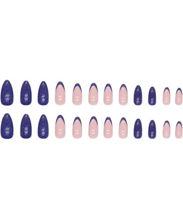 Justotry 24 Pcs Glitter Almond Navy Blue French False Nails - Medium Stiletto Stick on Nails with Nail Glue for Women - Nail Art Fake Nails - Buy Online on GoSupps.com