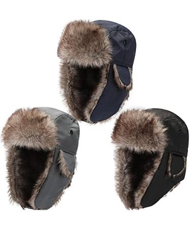 3 Pieces Russian Trapper Ushanka Hats for Men Women Winter Bomber Eskimo Warm Windproof Hats with Ear Flaps Classic Style