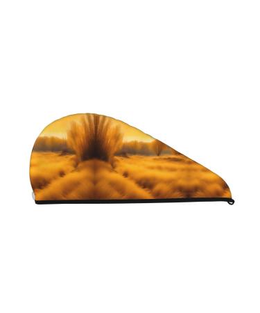 Autumn Golden Grass Landscapes Coral Velvet Dry Hair Cap Caps with Buttons for Drying Curly Long & Thick Hair Anti Frizz