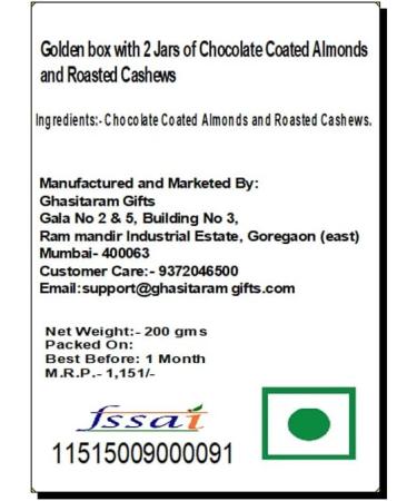 Jaiccha Ghasitaram Dryfruits Hamper- box with 2 Jars of Chocolate Coated Almonds and Roasted Cashews |Gift for Diwali Holi Rakhi Valentine Christmas Birthday Anniversary Her Him| - Buy Online on GoSupps.com