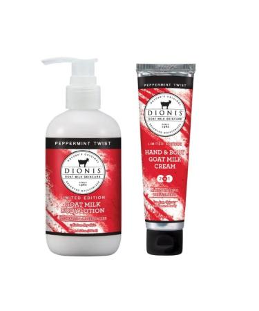Dionis Goat Milk Skincare Peppermint Twist Scented Lotion (8.5 oz) and Hand & Body Cream (3.3 oz) Bundle