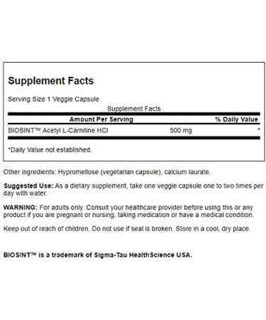 Swanson Acetyl L-Carnitine Hcl 500mg 120 Veg Capsules - Buy Online on GoSupps.com