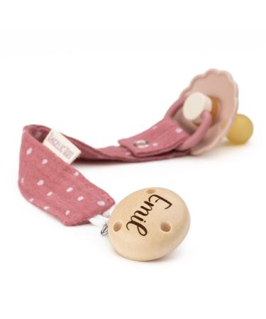 AngelicArt pacifier strap with engraved name for boys and girls - large selection of colors - gift for baby (old pink-dotted)