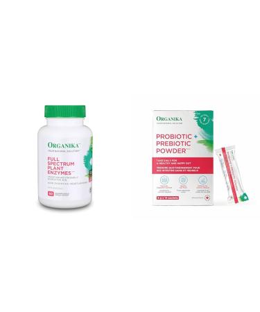 Organika Full Spectrum Plant Enzymes- Helps Break Down Carbs Fat Protein Dairy- 60 vcaps & Prebiotic + Probiotic Powder 3 G X 14 Sachets