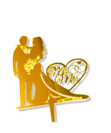 Acrylic Cake Topper Bride Groom Couple Mr & Mrs Engagement Wedding Anniversary Heart Ring Gold Design