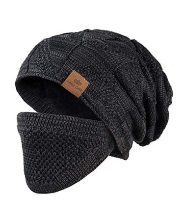 PAGE ONE Mens Winter Slouchy Beanie Warm Fleece Lined Skull Cap Baggy Cable Knit Hat Zero Black