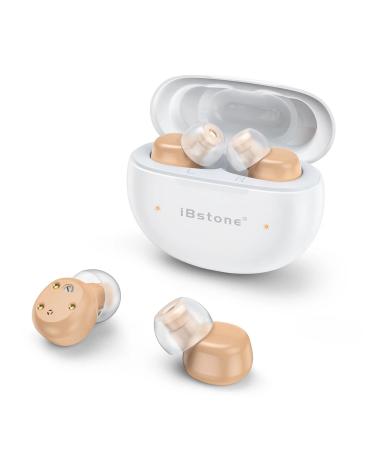iBstone Rechargeable Hearing Aid, Mini Completely-in-Canal Hearing Amplifier for Seniors with Noise Reduction, Portable Charging Case for 4 times recharging, Pair, Beige, Mini-B
