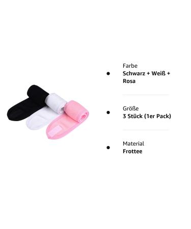 Queta Adjustable Terry Cloth Hair Band for Makeup - 3 Pack (Black White Pink) | Cosmetic Headband with Velcro Fastener - Buy Online on GoSupps.com