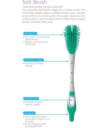 MAM Soft Baby Bottle & Teat Brush with Hanging Hole - Non-Scratch Cleaning Tool - Buy Online on GoSupps.com