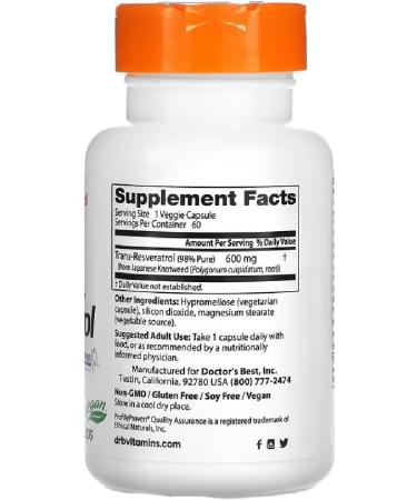 Doctors Best Trans-Resveratrol 600 | Antioxidant Support Supplement - 60 Capsules | Shop Internationally - Buy Online on GoSupps.com