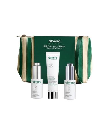 Almora Botanica Restore & Repair Gift Set 4 Piece | Restorative Hand Cream (50 mL) Restorative Day Face Oil (15 mL) Serum for Fine Lines (15 mL) & Complimentary Vanity Pouch