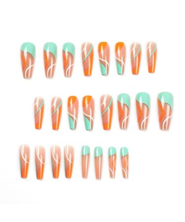 YOSOMK Long Press-on Nails - Orange Green Swirl Acrylic Artificial Nails for Women with Glue - Buy Online on GoSupps.com