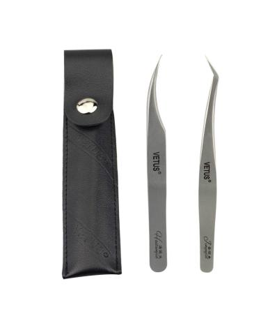 2 Pcs VETUS Eyelash Extension Tweezers Dolphin-shaped and Curved Tip Tweezers Professional Volume & Classic Tweezers Set with Black Leather Sheath(Jinyujia&Haitunjia) Jinyujia & Haitunjia 1 Set Black Lether Package
