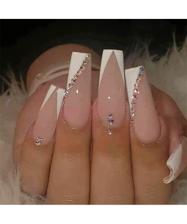 24PCS Long Coffin False Nails with Glue Stickers Ballerina Full Cover Acrylic Nails Press on Nails no Glue White V French Fake Nails Stick on Nails for Women and Girls Nail Art.