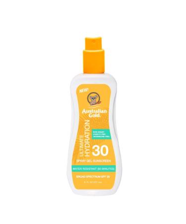 Australian Gold Spray Gel Sunscreen Moisturize Hydrate Skin Broad Spectrum Water Resistant NonGreasyc Oxybenzone Free Cruelty Free SPF 30 Coconut 8 Ounce (A70892)