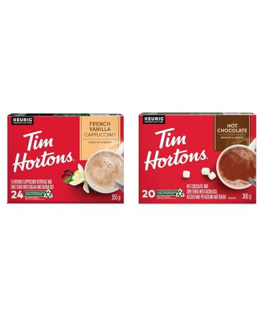 Tim Hortons French Vanilla Cappuccino K-Cup Pods 24 Pack & Hot Chocolate Recyclable Single Serve Keurig K-Cup Pods 20 Count (Pack of 1) Coffee+ Hot Chocolate 20 Count