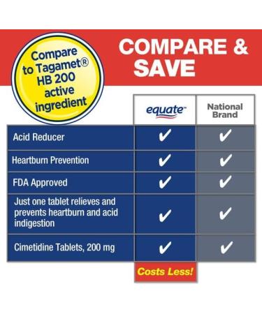 Equate Cimetidine 200mg Tablets - Heartburn & Acid Reducer - 120 Tablets (Pack of 1) - Over-The-Counter Relief - Buy Online on GoSupps.com