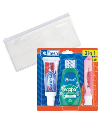 CHEVAUX Bundle of Dr Fresh Travel Toothbrush Kit with Mini Toothbrush  Toothpaste  and Mouthwash - Airport Friendly Travel Size Toothbrush Kit for Oral Care On-The-Go with Travel Zipper Pouch