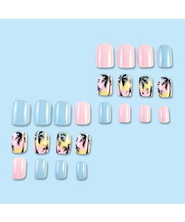 Shop Summer Press On Nails - Square Short Fake Nails with Palm Tree Designs | Glossy Blue & Pink Acrylic | Y2K Style | Reusable 24PCS - Buy Online on GoSupps.com