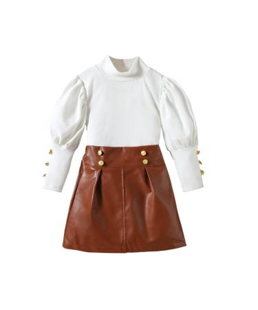 Miipat Baby Girl Clothes Set Fall Winter Long Sleeves Toddler Girls Outfits Pullover Tops with Mini Skirts Sets Girls Dress 5-6 Years WhiteBrown