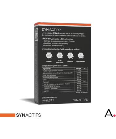 ARAGAN - Synactives Pack of 2 Dynactives - Anti-Fatigue Food Supplement - Ginseng Acerola Caffeine Vitamin C and Peppermint - 60 capsules - 1 month taken - Made in France - Buy Online on GoSupps.com