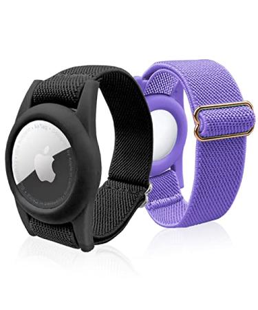 AirTag Bracelet for Kids AirTag Holder with Elastic Wristband Anti-Lost Watch Band for Apple Air Tag Adjustable Strap for Toddler 2 Pack PURPLE+BLACK