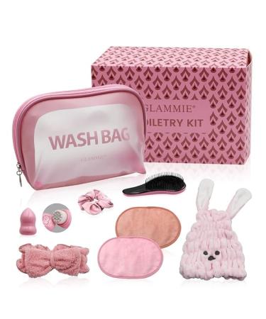 Travel set with Makeup Bag Hair Drying Towel Facial Scrubber Makeup Remover Wash Cloths Hair brush Face Wash Headband Satin Scrunchies this set is women's makeup hair care fitness... Microfiber