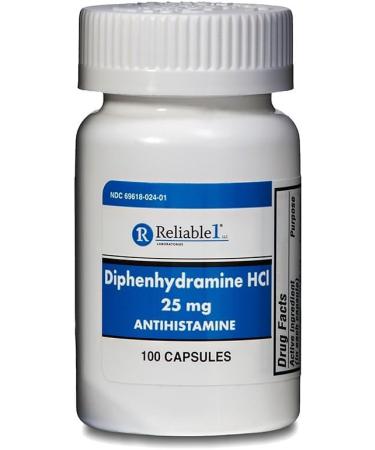 Diphenhydramine 25 mg Generic Benadryl Allergy Medicine and Antihistamine 100 Capsules