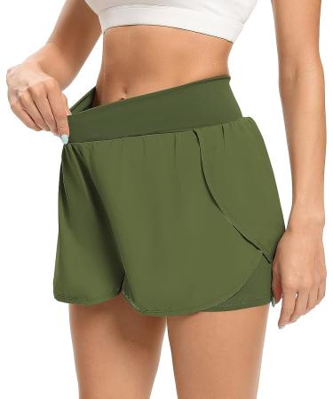 Quccefods Women's Cross Waist Workout Shorts | Quick-Dry Athletic Running Shorts with Pocket | Elastic High Waisted | Army Green - Large - Buy Online on GoSupps.com