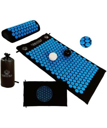 AkuPressureatte 5-in-1 Set: 70x42x2cm with Massage Balls Pillow & Bag for Back Pain Relief Relaxation Better Sleep & Improved Blood Circulation - Black/Blue - Buy Online on GoSupps.com