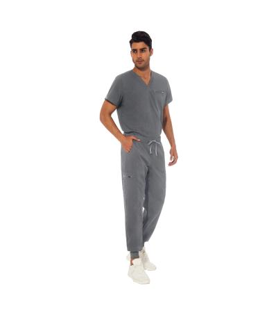 VIAOLI Athletic Scrub Set for Men V-Neck Scrub Top & Yoga Jogger Scrub Pants with 8 Pockets Medical Nursing Working Uniform Grey Large