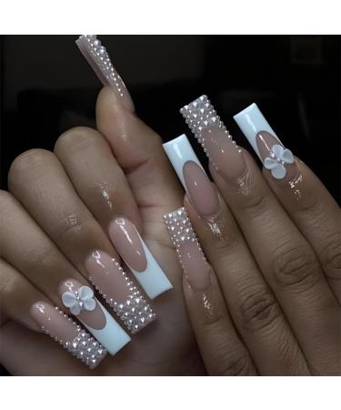 French Tip Press on Nails -Long Square Press On Nails with Nail Tips Pearl French Bow Design pink press on nails Acrylic False Nails Cute Artificial Nails