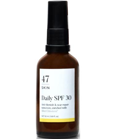 47 Skin Daily SPF 30 - Sunscreen with Silver Chitoderm to Prevent Breakouts - Contains Hyaluronic Acid Vitamin E Allantoin and Aloe Vera - Protects from Broad-Spectrum UVA/UVB Rays - 50ml