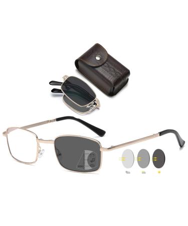 Vevesmundo foldable progress reading glasses progressive self -tinting varifocal glasses Metal compact men visual aid reading aid with case 1 piece of gold Self -tinting foldable reading glasses 2.5 x