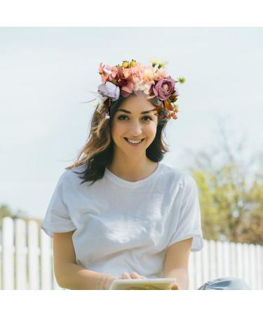 Flower Wreath Headband Hair Accessories Synthetic Floral Crown Bohemian Headband for Women Cosplay Costume Headband (Red) - Buy Online on GoSupps.com