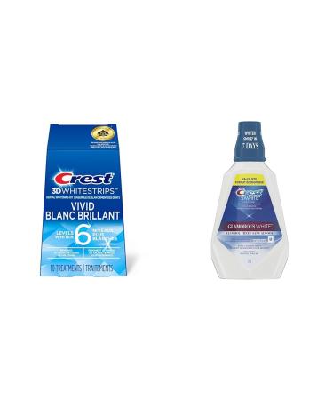 Crest 3D White Teeth Whitening Kit (Classic Vivid 10 Treatments) + 3D White Glamorous White Mouthwash (1.4 L) 10 Treatments+Glamorous White Mouthwash
