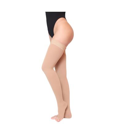 KEVVI (S to 5XL -Thigh High Compression Stockings Women & Men 20-30 mmHg Ted Hose Open Toe Support Hose Support Stockings 5X-Large Beige