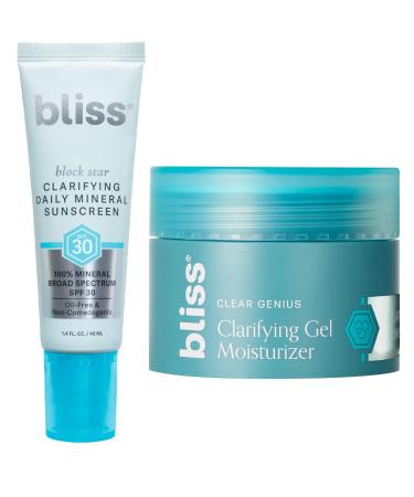 Bliss Clarifying Mineral Sunscreen SPF30 (1.7oz) and Clear Genius Clarifyig Gel Moisturizer (1.4oz) Duo Set | With Clarity 5 Complex Salicylic Acid and Niacinamide