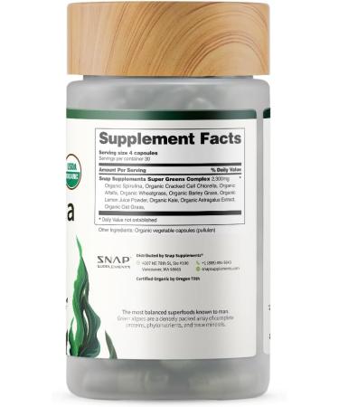 Buy Snap Supplements USDA Organic Spirulina & Chlorella Capsules - Green Superfoods for Energy & Metabolic Health - 120 Capsules - Buy Online on GoSupps.com