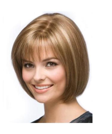 XIUFAXIRUSI XIUFAXIRUSI Short Blonde Bob Wig with Cute Flat Bangs Short Straight Bob Wigs for Women Mixed Highlight Classic Bob Synthetic Wig for Daily Party Wear