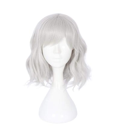 14" Women Short Bob Wig with Bangs Curly Wavy Harajuku Synthetic Cute Daily Halloween Party Cosplay Hair(silver ) silver white