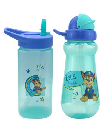 HOVUK 2Pcs Paw Patrol Chase Printed Straw Sippers 340ml and 420ml Plastic Water Bottles Pop-up Silicone Straw BPA-Free for Kids 6+ months 2x Chase